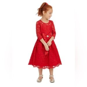 Rare Editions Vibrant Red Lace Dress with  two gold bows